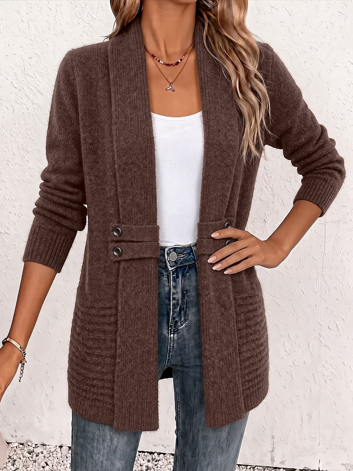 Solid Color Knitted Open Front Mid-Length Cardigan