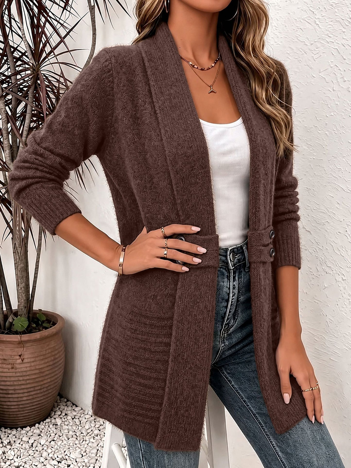 Solid Color Knitted Open Front Mid-Length Cardigan