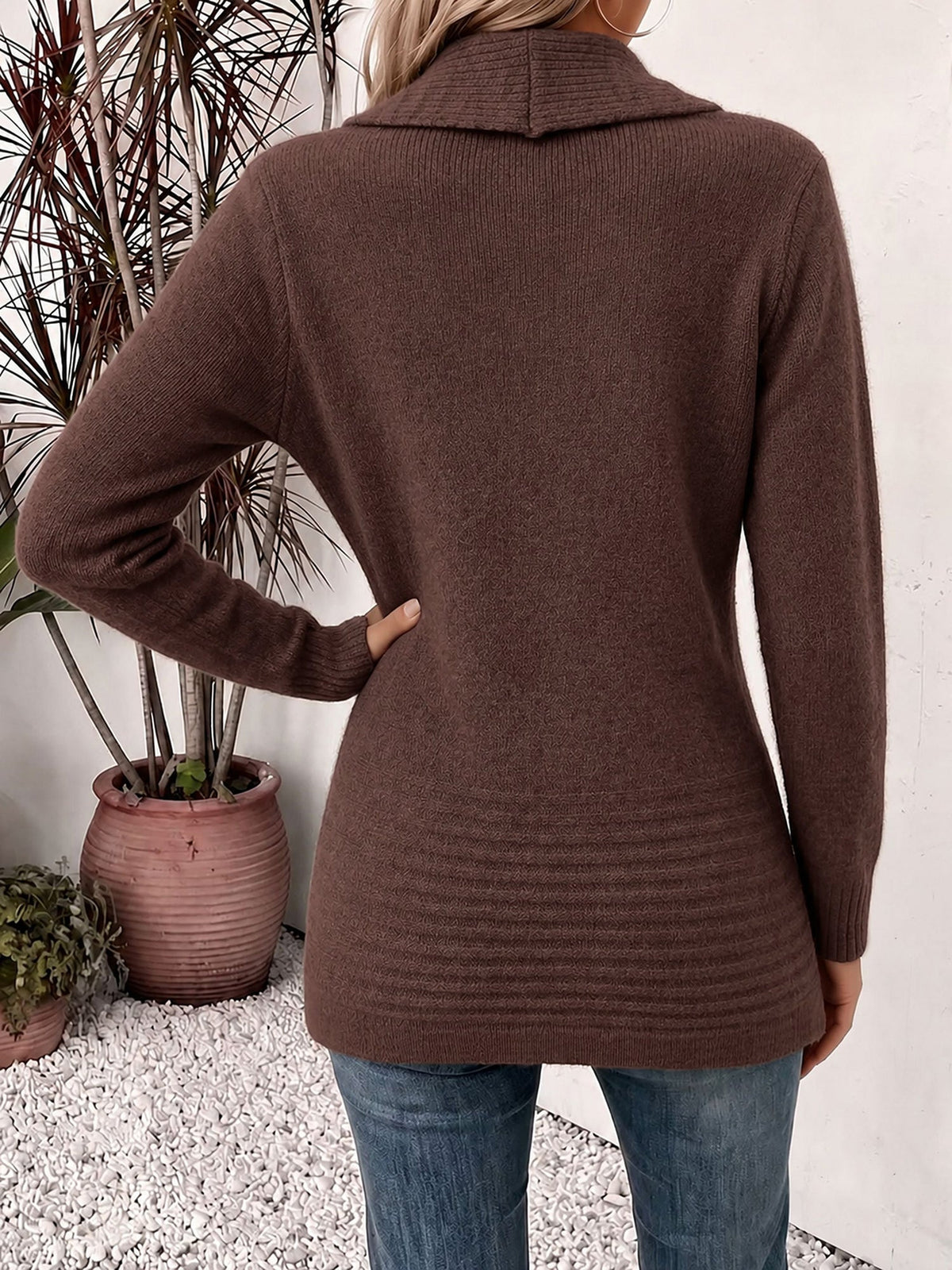 Solid Color Knitted Open Front Mid-Length Cardigan