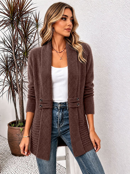 Solid Color Knitted Open Front Mid-Length Cardigan