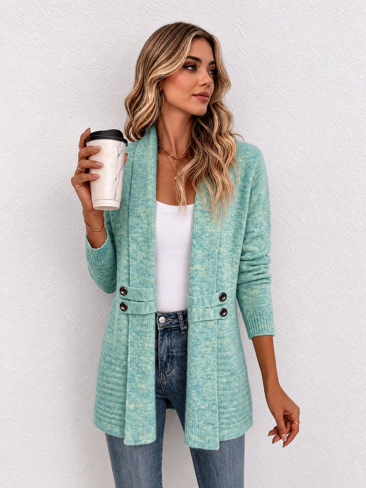 Solid Color Knitted Open Front Mid-Length Cardigan