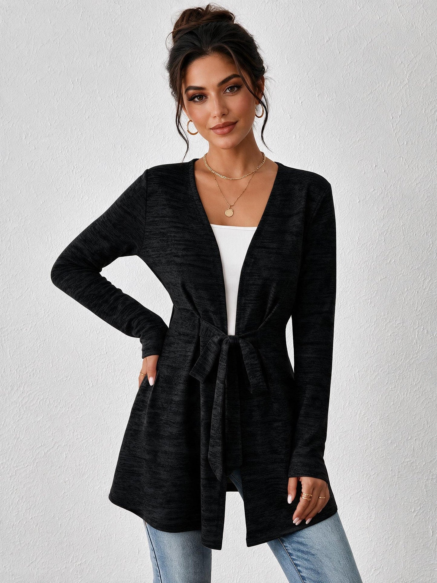 Long Sleeves Lace-Up Open Front Casual Jacket