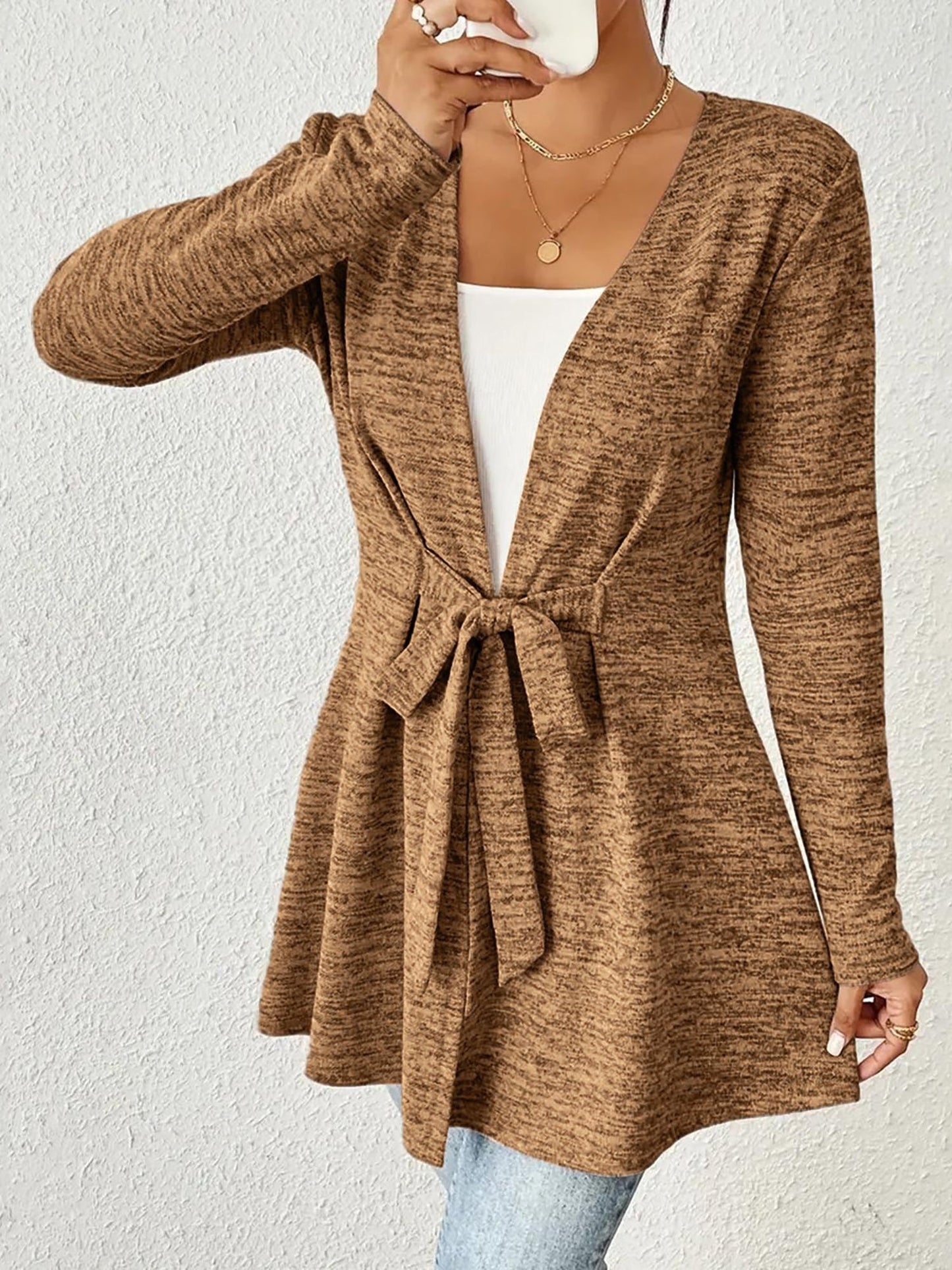 Long Sleeves Lace-Up Open Front Casual Jacket