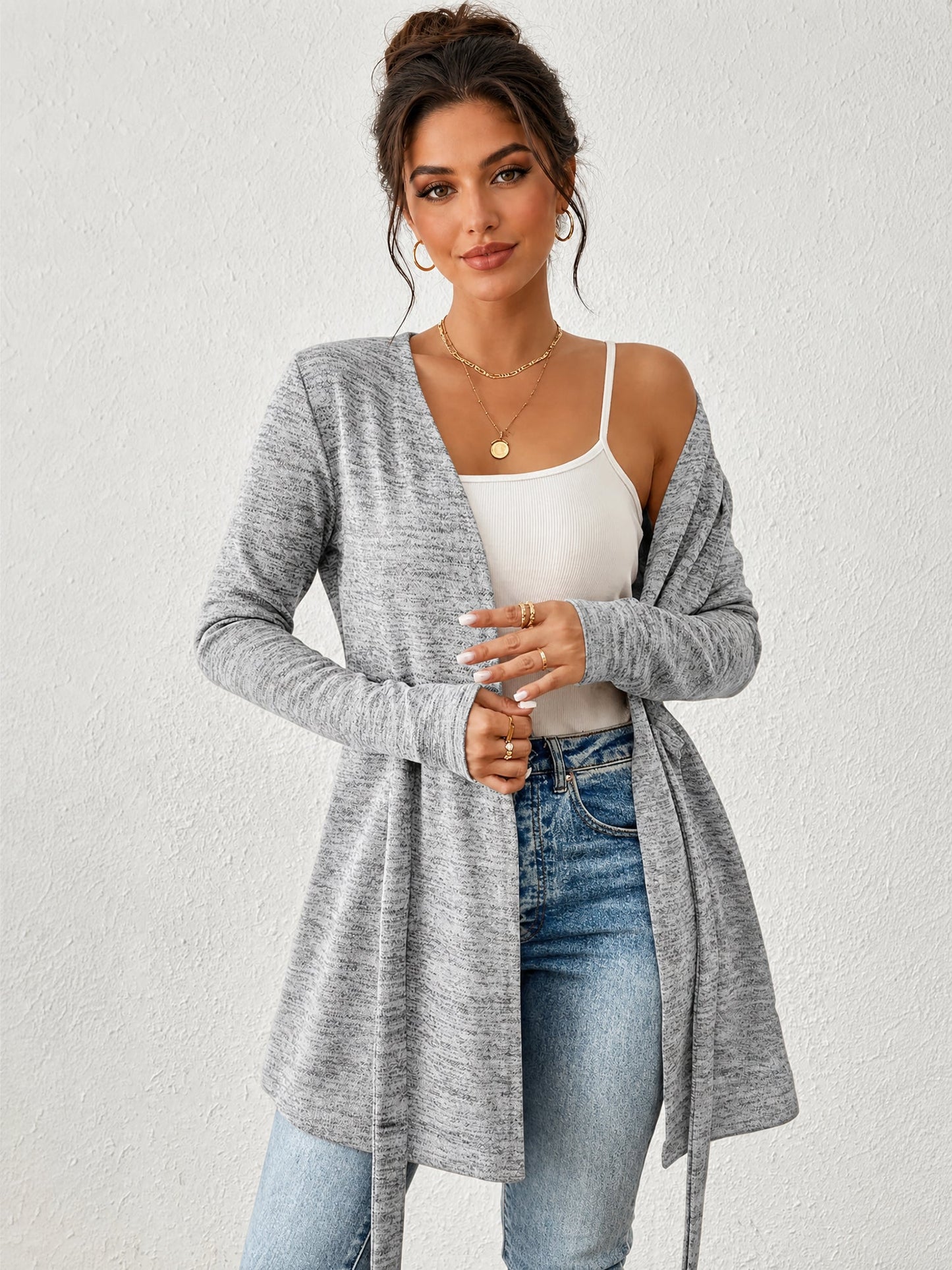 Long Sleeves Lace-Up Open Front Casual Jacket