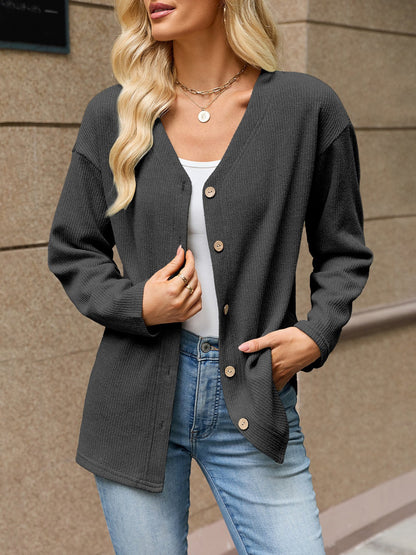 Solid Color V Neck Loose Long Sleeves Button Cardigan
