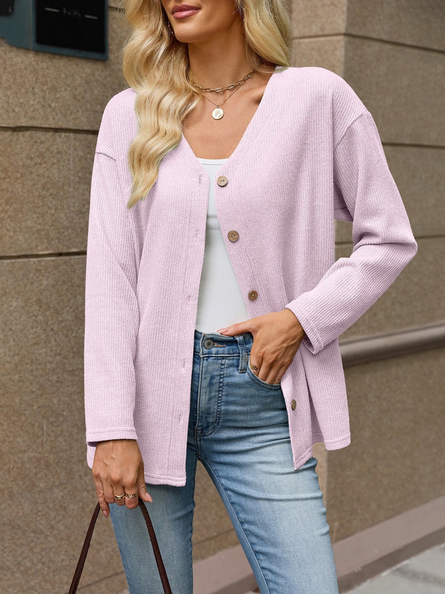 Solid Color V Neck Loose Long Sleeves Button Cardigan