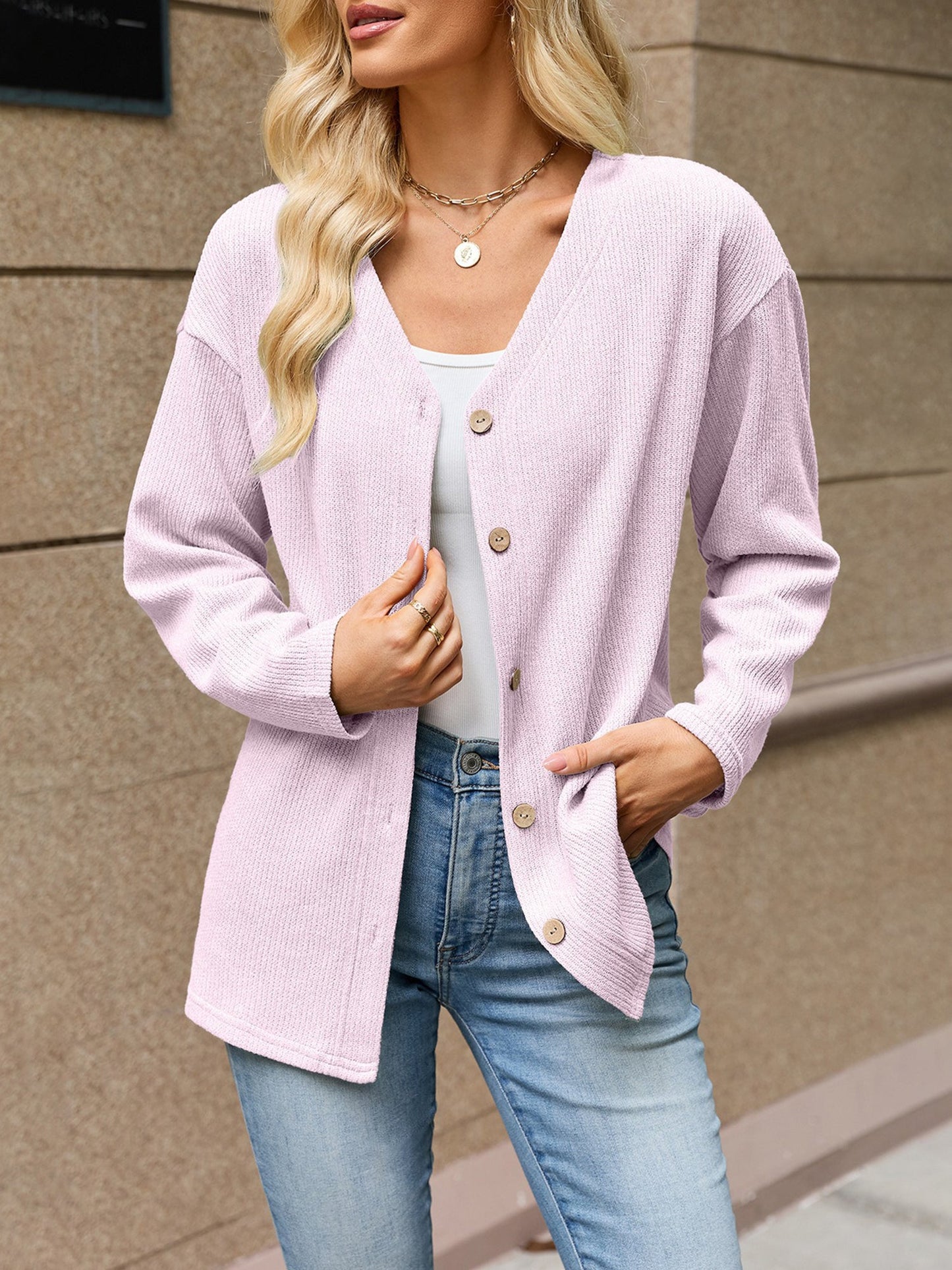 Solid Color V Neck Loose Long Sleeves Button Cardigan
