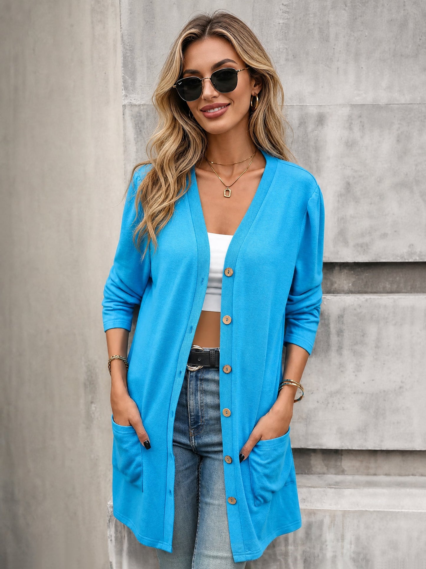 Solid Color Long Sleeve Loose Button Pocket Cardigan