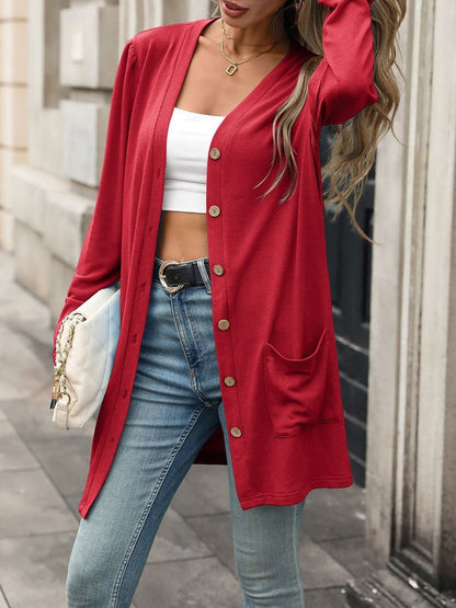 Solid Color Long Sleeve Loose Button Pocket Cardigan