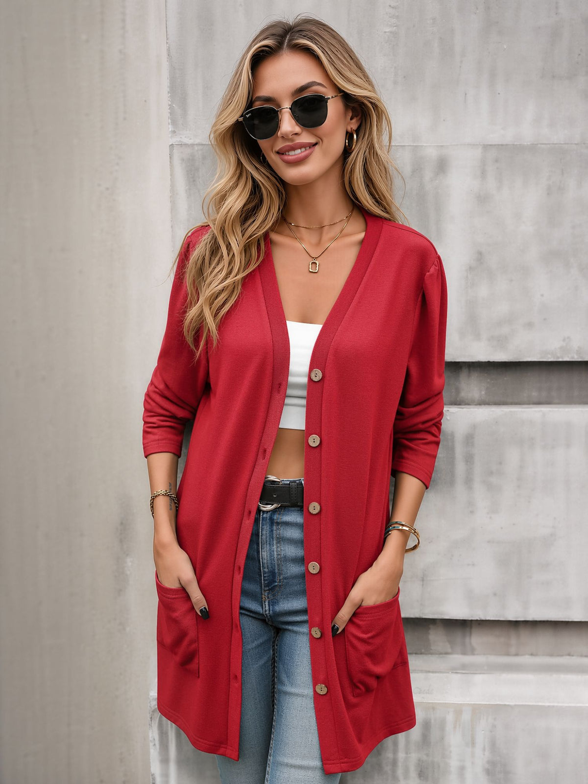 Solid Color Long Sleeve Loose Button Pocket Cardigan