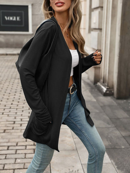 Solid Color Ruched Pocket Long Sleeve Knitted Cardigan