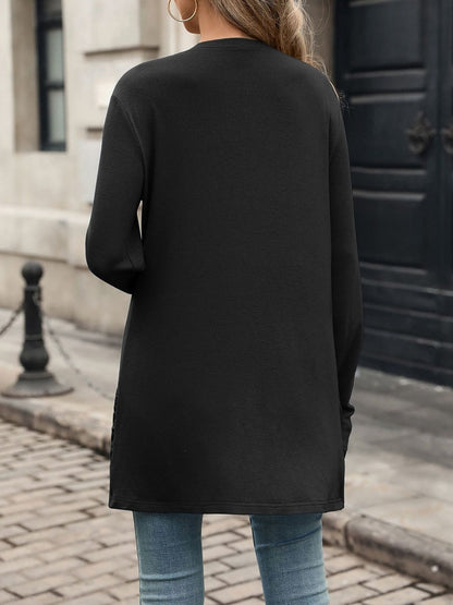 Solid Color Ruched Pocket Long Sleeve Knitted Cardigan