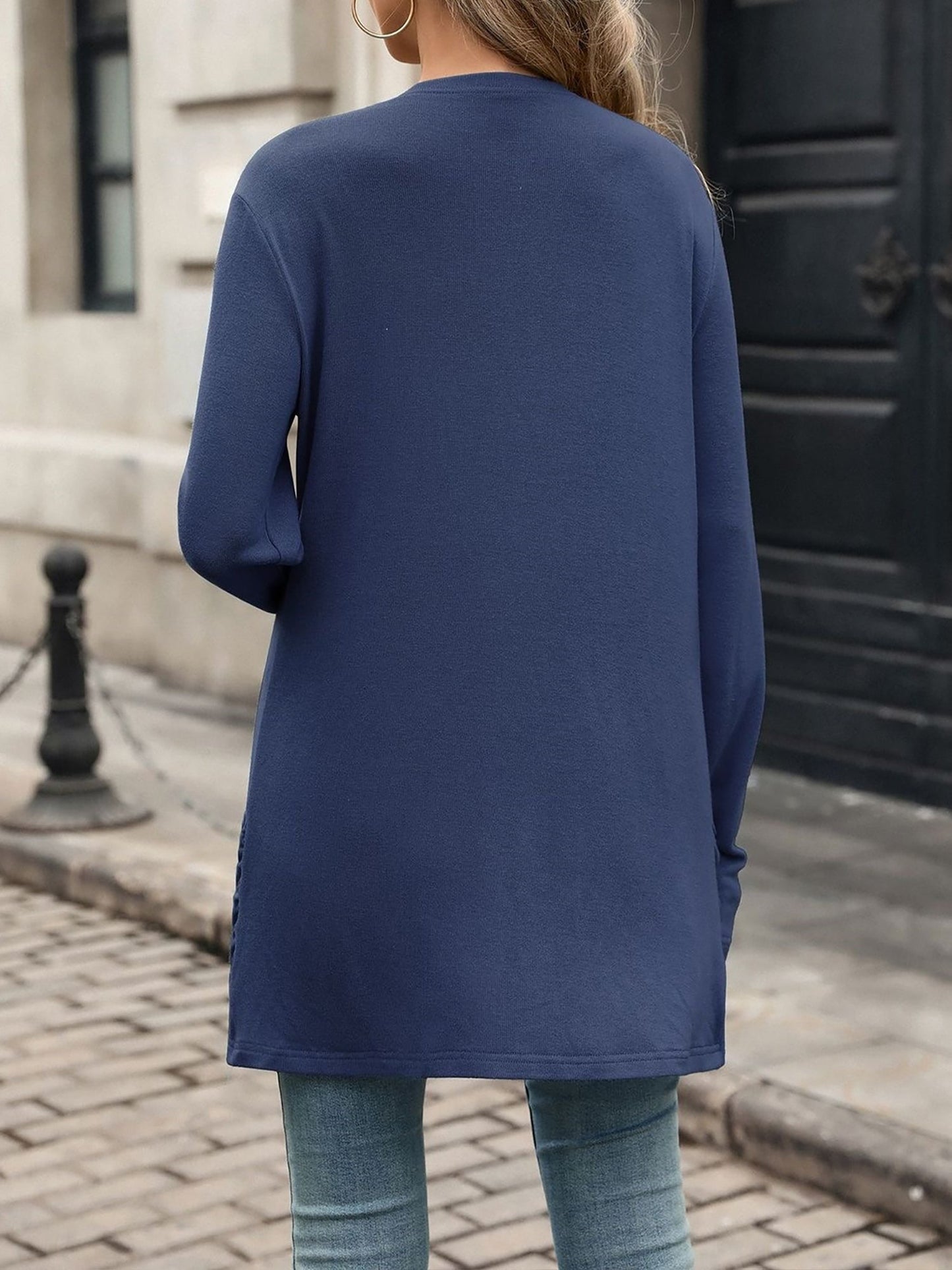 Solid Color Ruched Pocket Long Sleeve Knitted Cardigan