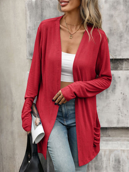Solid Color Ruched Pocket Long Sleeve Knitted Cardigan