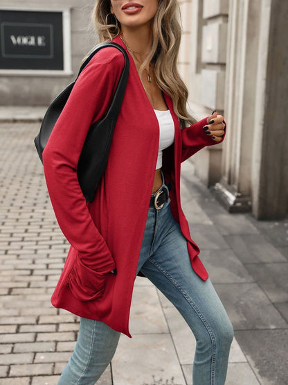 Solid Color Ruched Pocket Long Sleeve Knitted Cardigan