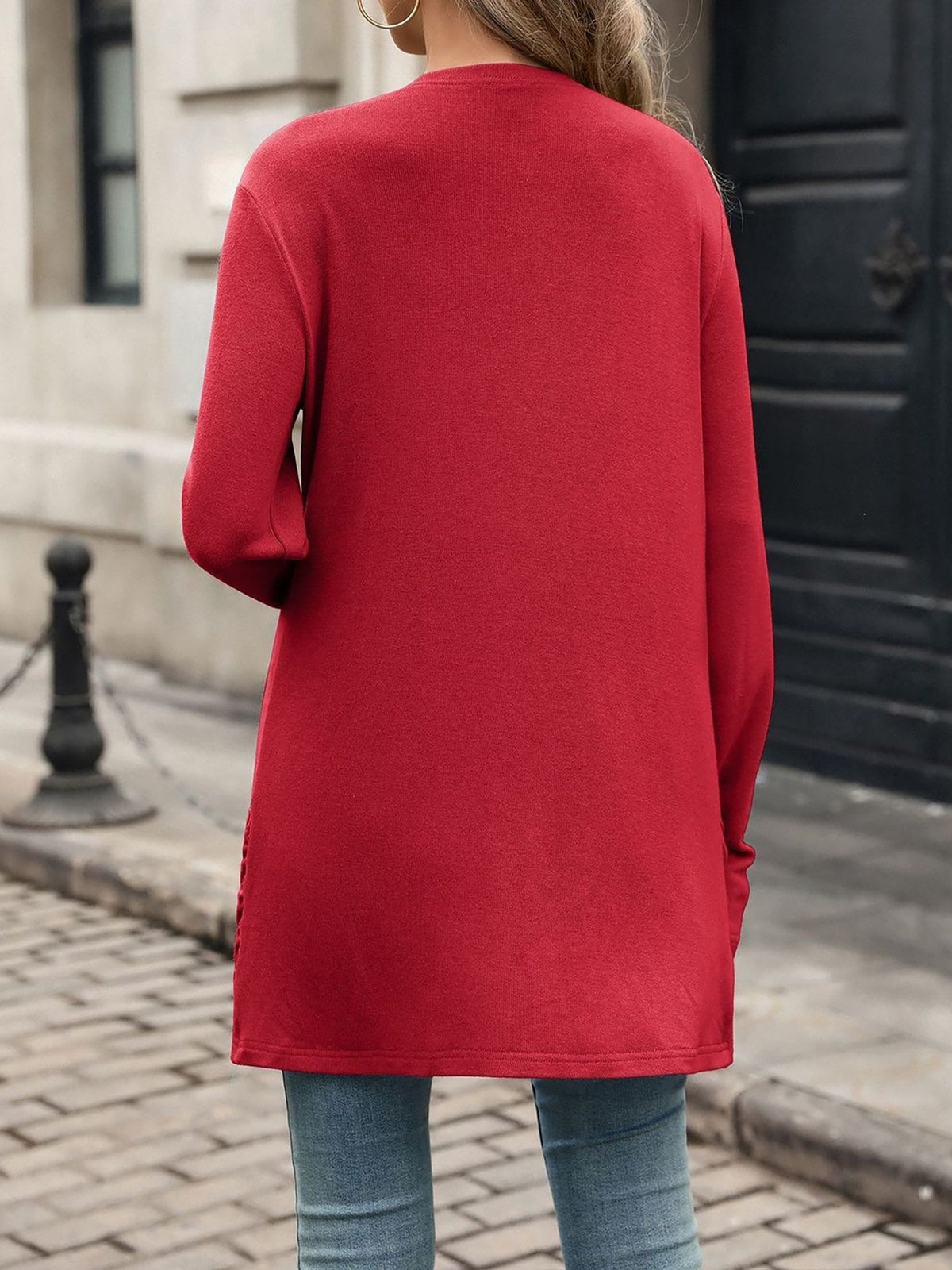 Solid Color Ruched Pocket Long Sleeve Knitted Cardigan