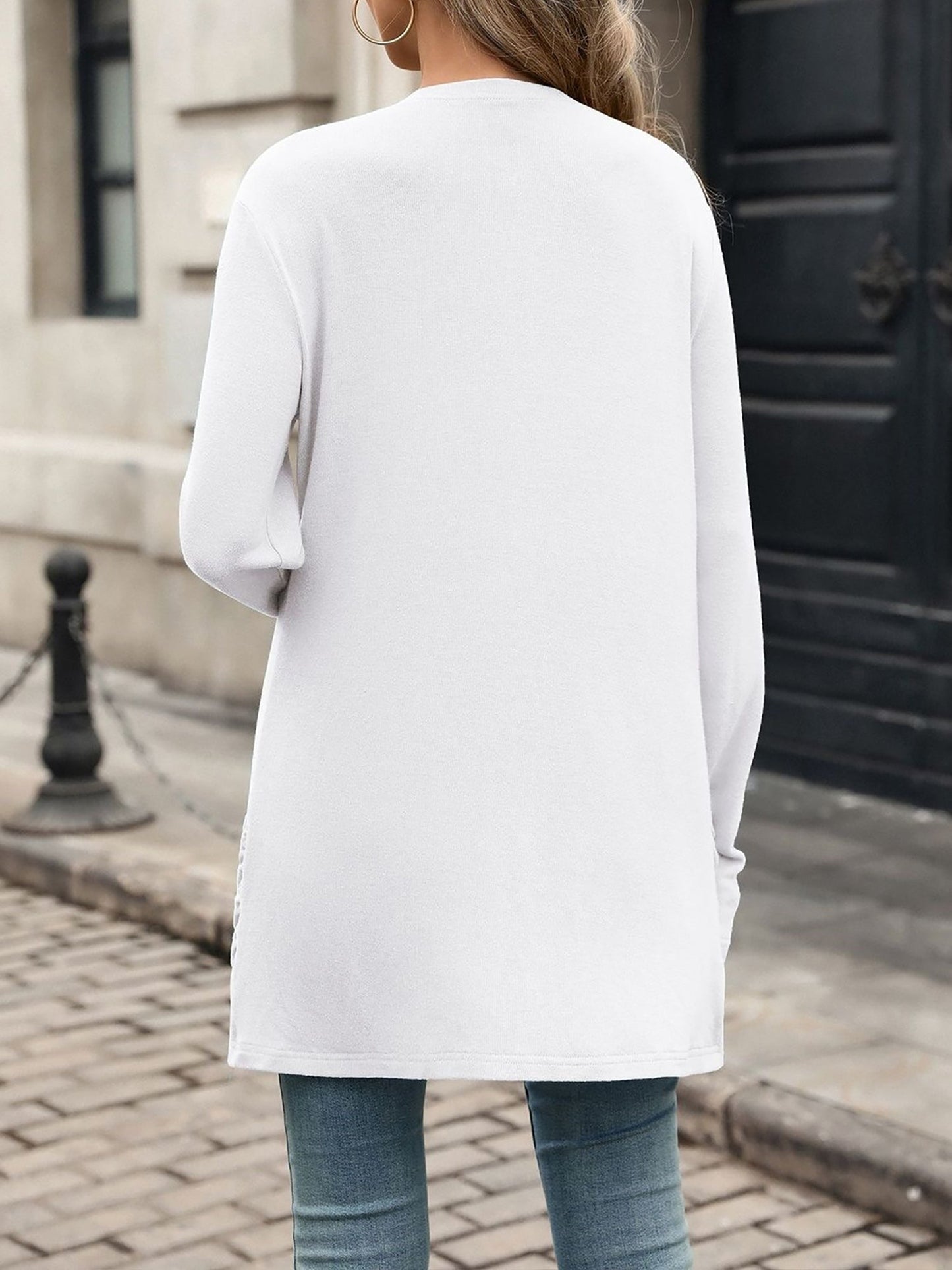 Solid Color Ruched Pocket Long Sleeve Knitted Cardigan