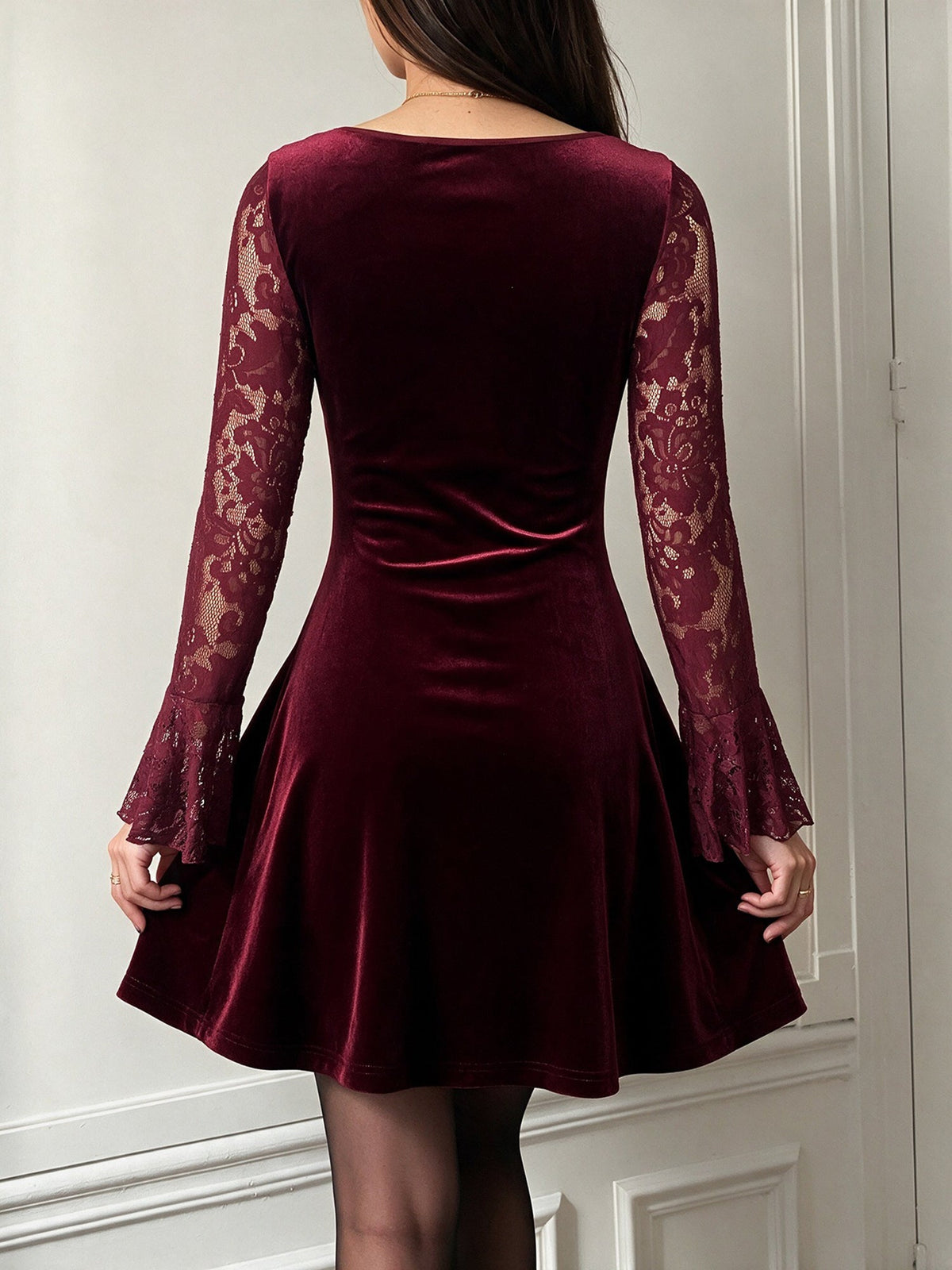 Lace Velvet Patchwork Bell Sleeves Mini A-Line Dress