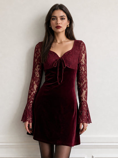 Lace Velvet Patchwork Bell Sleeves Mini A-Line Dress