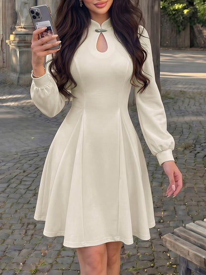 Mandarin Collar Puff Sleeves A-Line Mini Dress