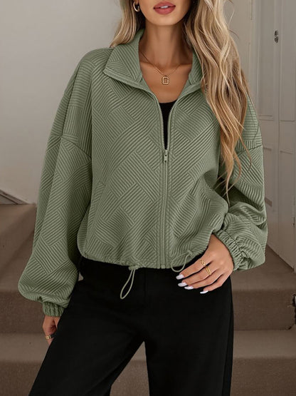 Zipper Drawstring Pocket Loose Fit Baseball Jacket