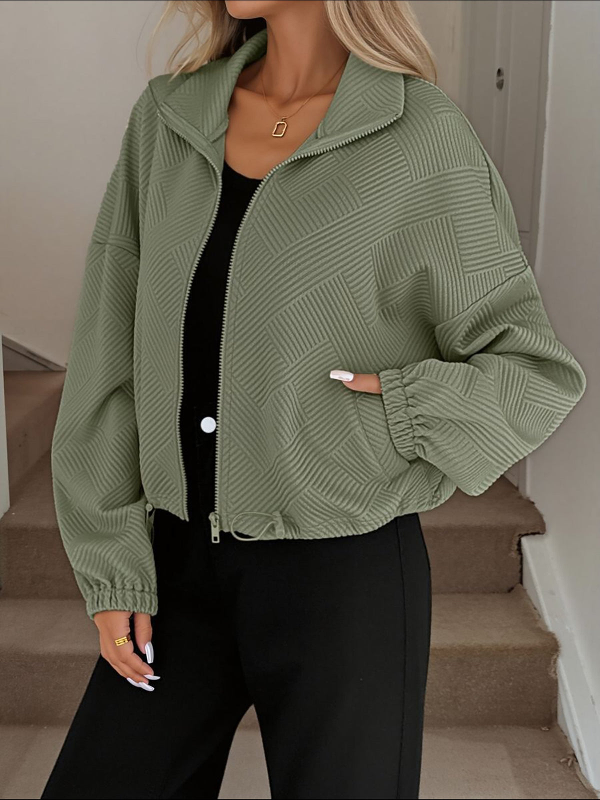 Zipper Drawstring Pocket Loose Fit Baseball Jacket