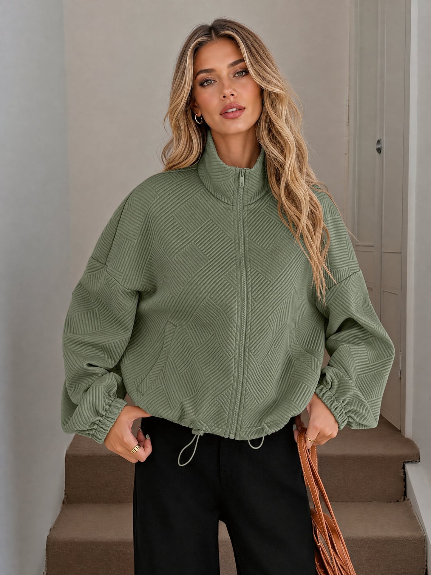 Zipper Drawstring Pocket Loose Fit Baseball Jacket