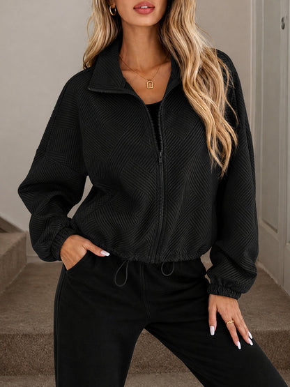 Zipper Drawstring Pocket Loose Fit Baseball Jacket