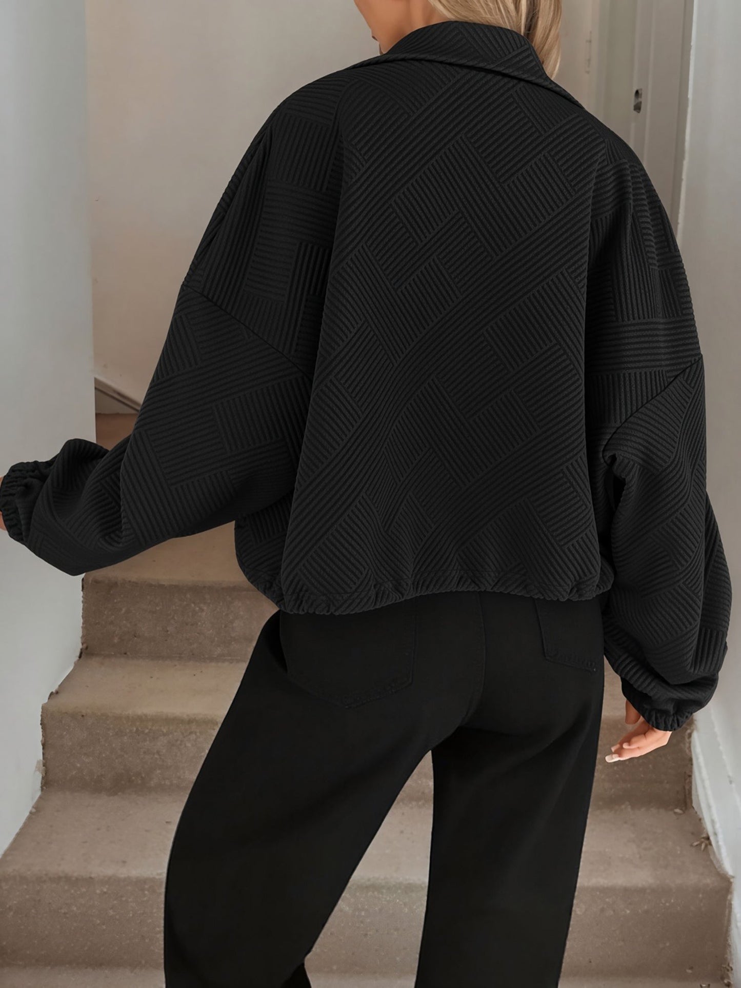 Zipper Drawstring Pocket Loose Fit Baseball Jacket
