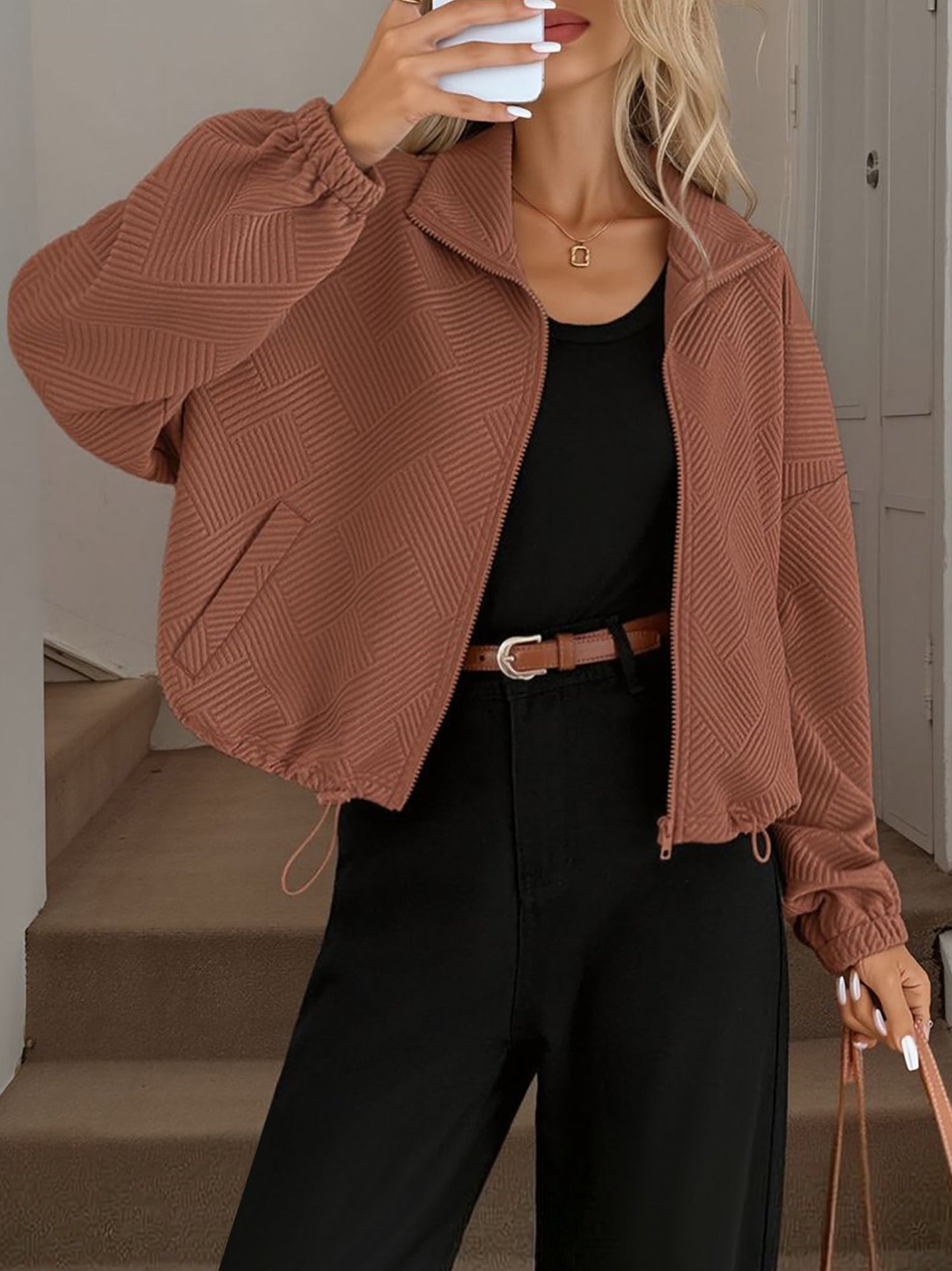 Zipper Drawstring Pocket Loose Fit Baseball Jacket