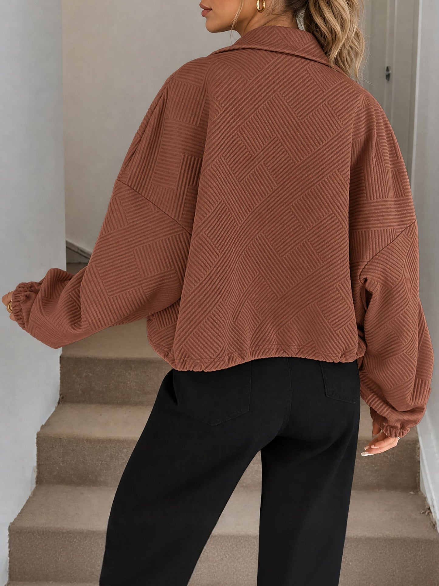 Zipper Drawstring Pocket Loose Fit Baseball Jacket