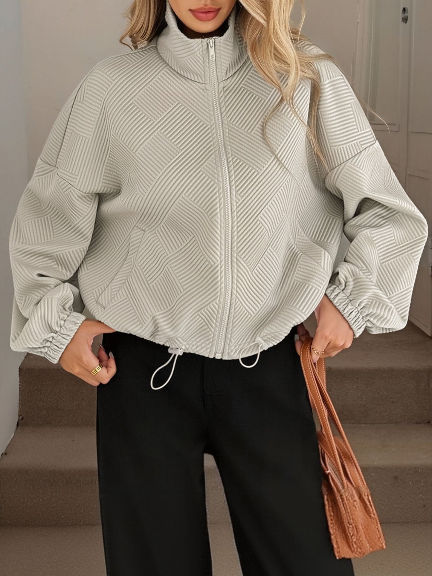 Zipper Drawstring Pocket Loose Fit Baseball Jacket