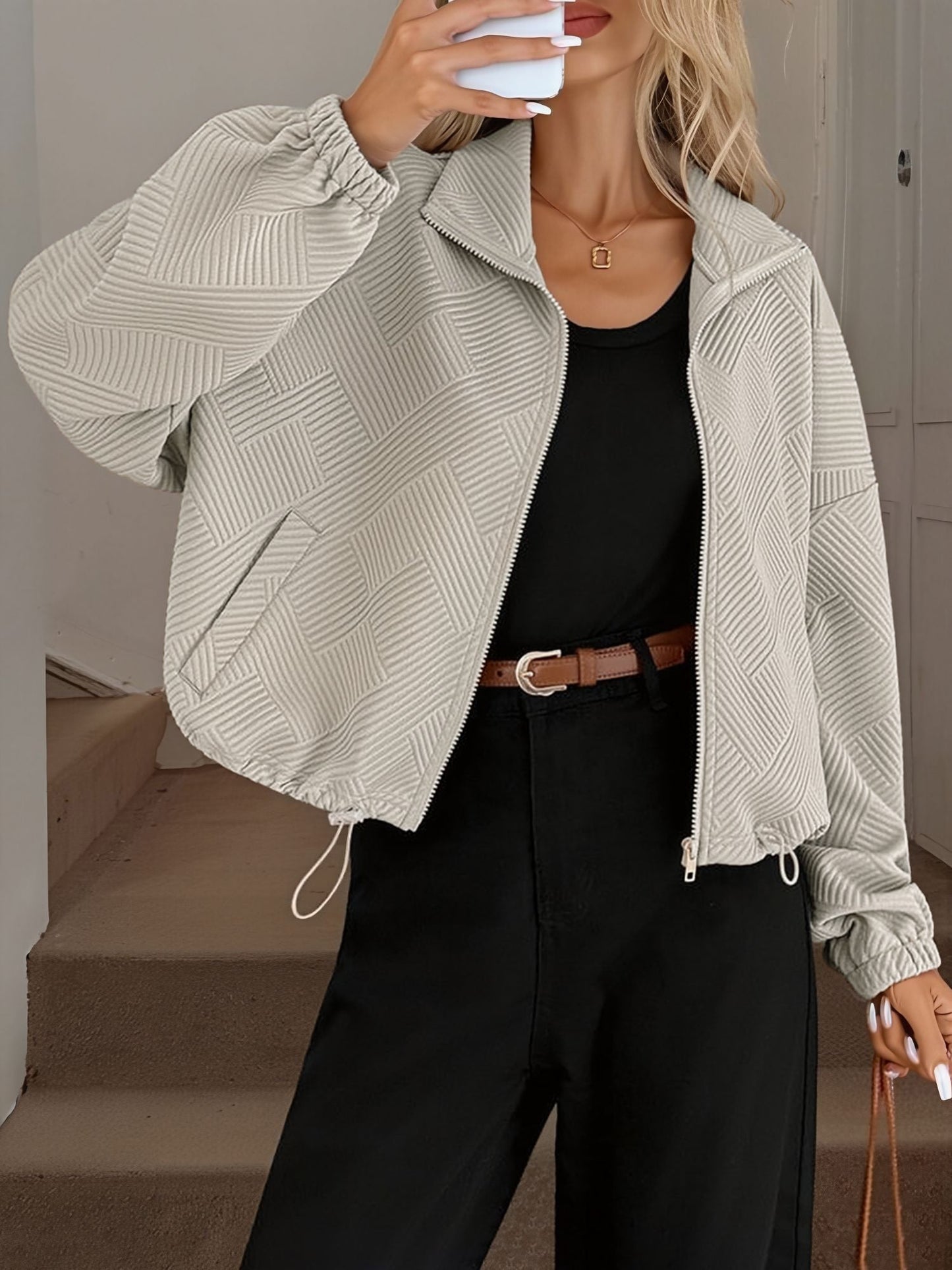 Zipper Drawstring Pocket Loose Fit Baseball Jacket