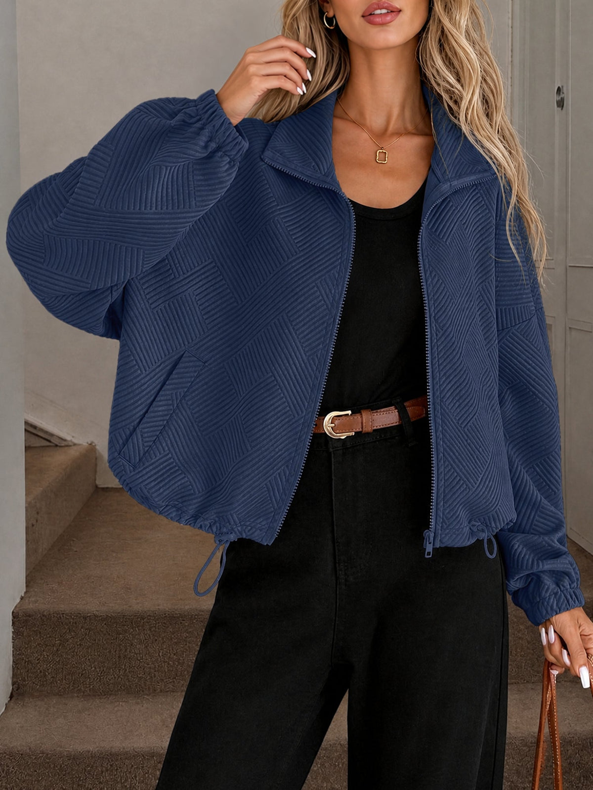 Zipper Drawstring Pocket Loose Fit Baseball Jacket