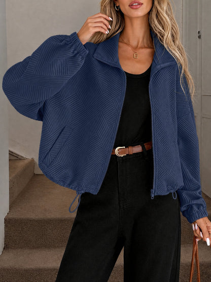 Zipper Drawstring Pocket Loose Fit Baseball Jacket
