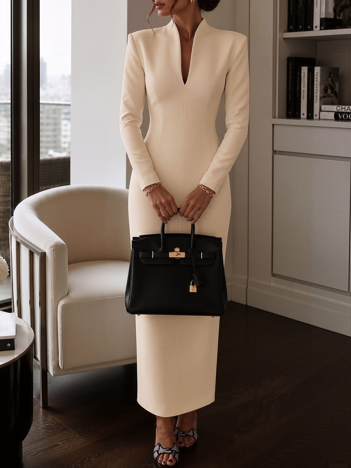 Tailored Long Sleeves Bodycon Slit Maxi Dress