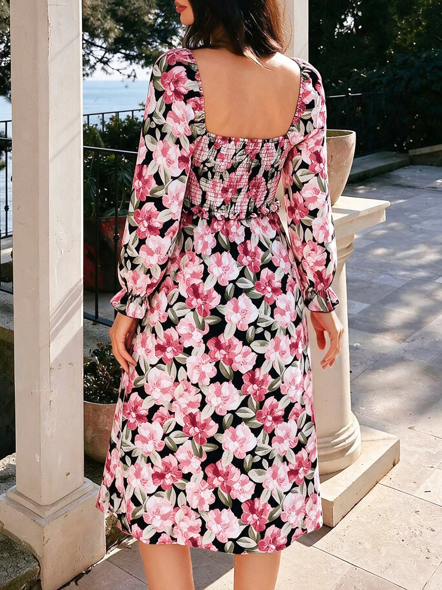 Square Neck Long Sleeve Floral Smocked Slit Midi Dress
