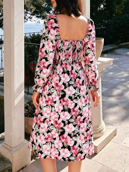Square Neck Long Sleeve Floral Smocked Slit Midi Dress