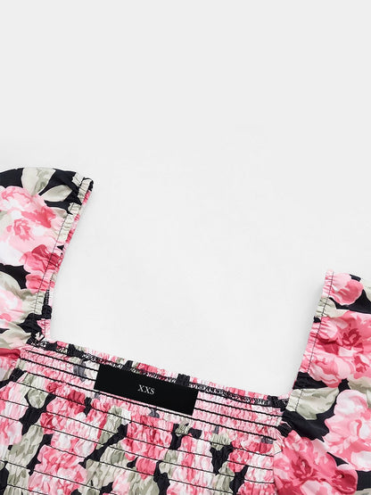 Square Neck Long Sleeve Floral Smocked Slit Midi Dress