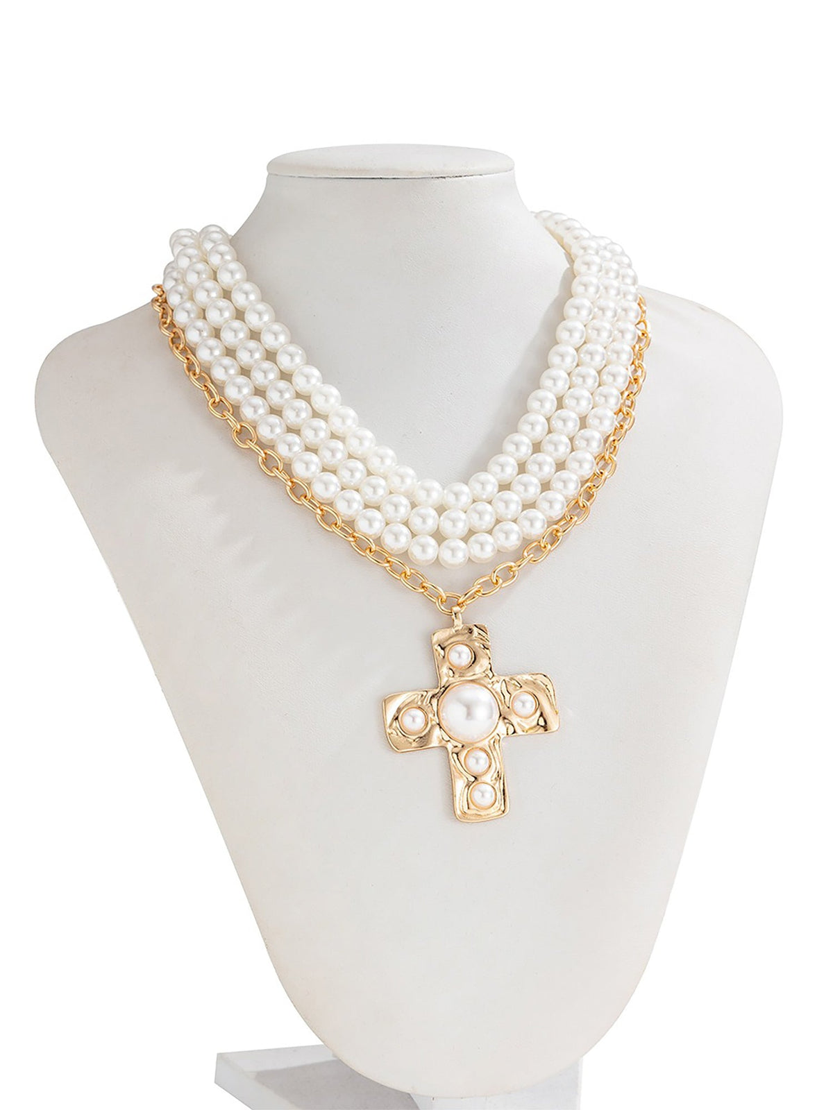 Halloween Multi Layer Faux Pearl Cross Pendant Necklace