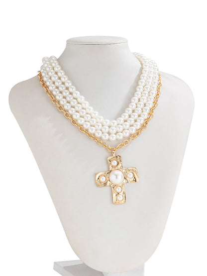 Halloween Multi Layer Faux Pearl Cross Pendant Necklace