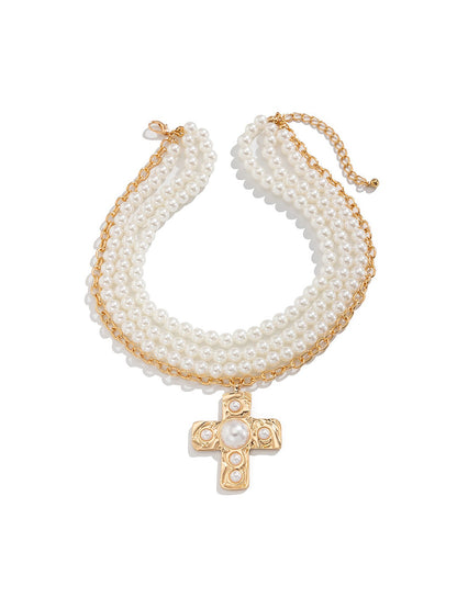 Halloween Multi Layer Faux Pearl Cross Pendant Necklace