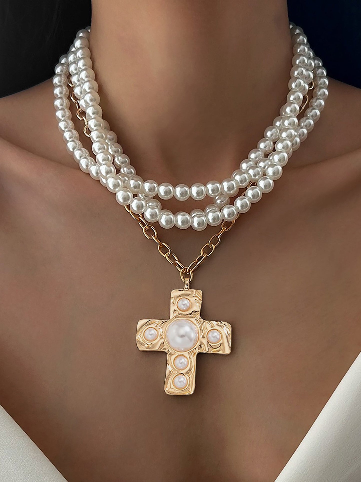 Halloween Multi Layer Faux Pearl Cross Pendant Necklace