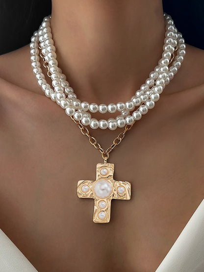 Halloween Multi Layer Faux Pearl Cross Pendant Necklace
