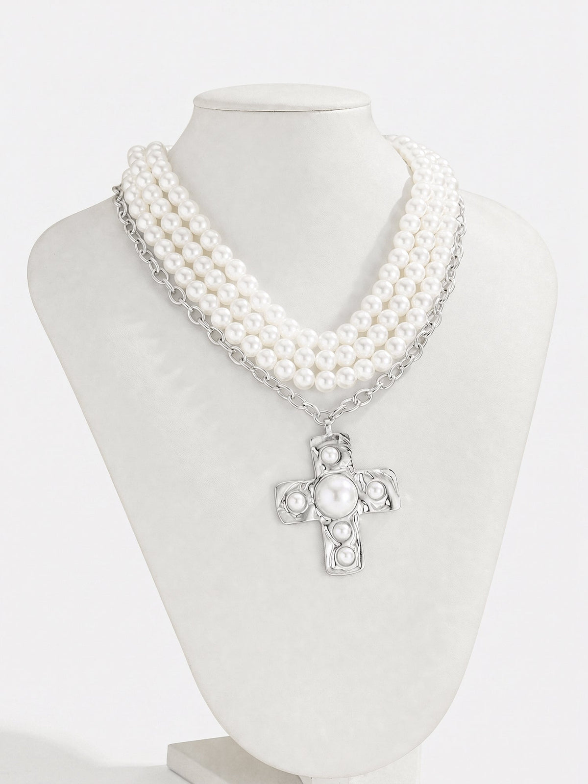 Halloween Multi Layer Faux Pearl Cross Pendant Necklace