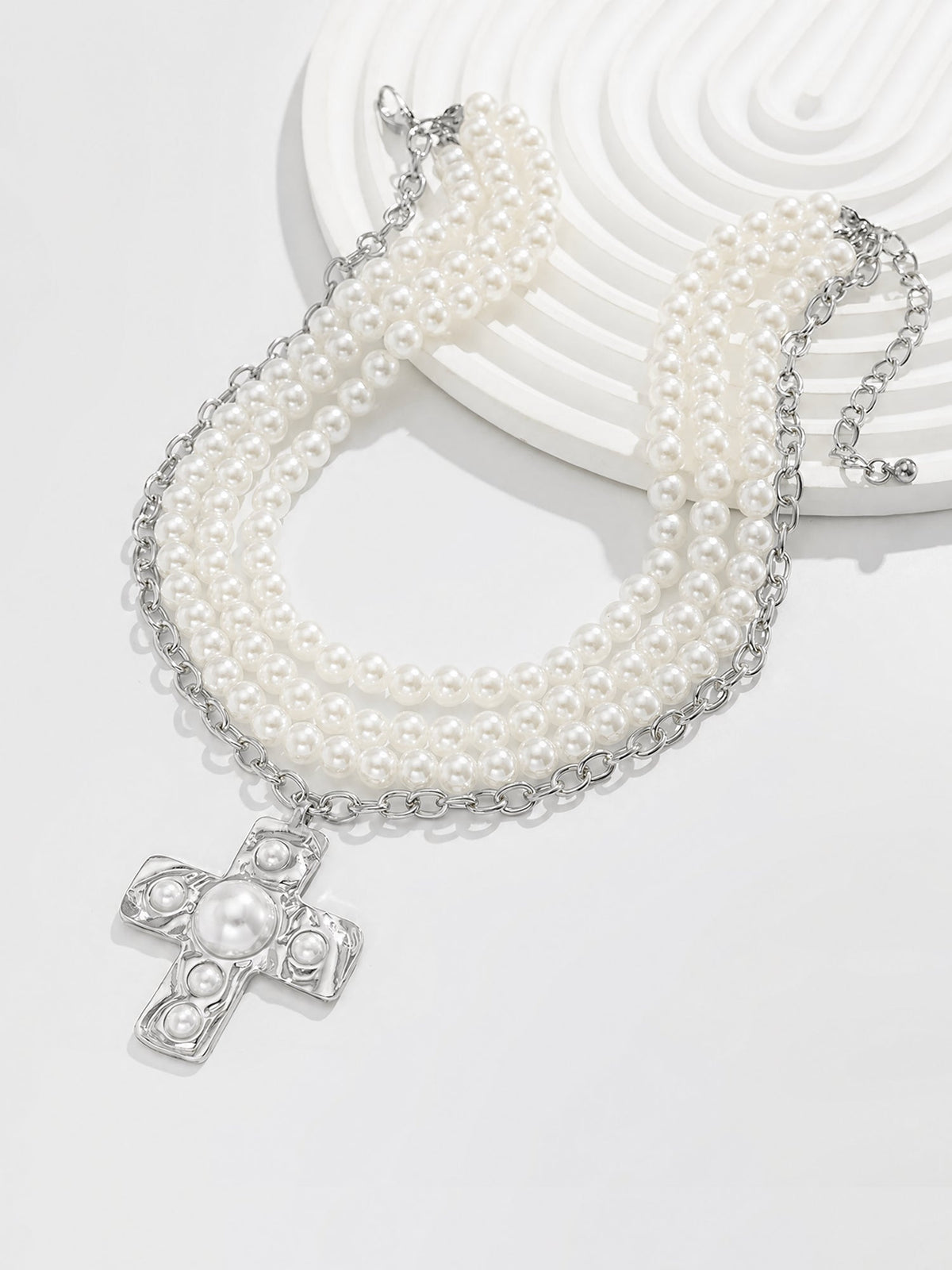 Halloween Multi Layer Faux Pearl Cross Pendant Necklace