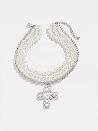 Halloween Multi Layer Faux Pearl Cross Pendant Necklace