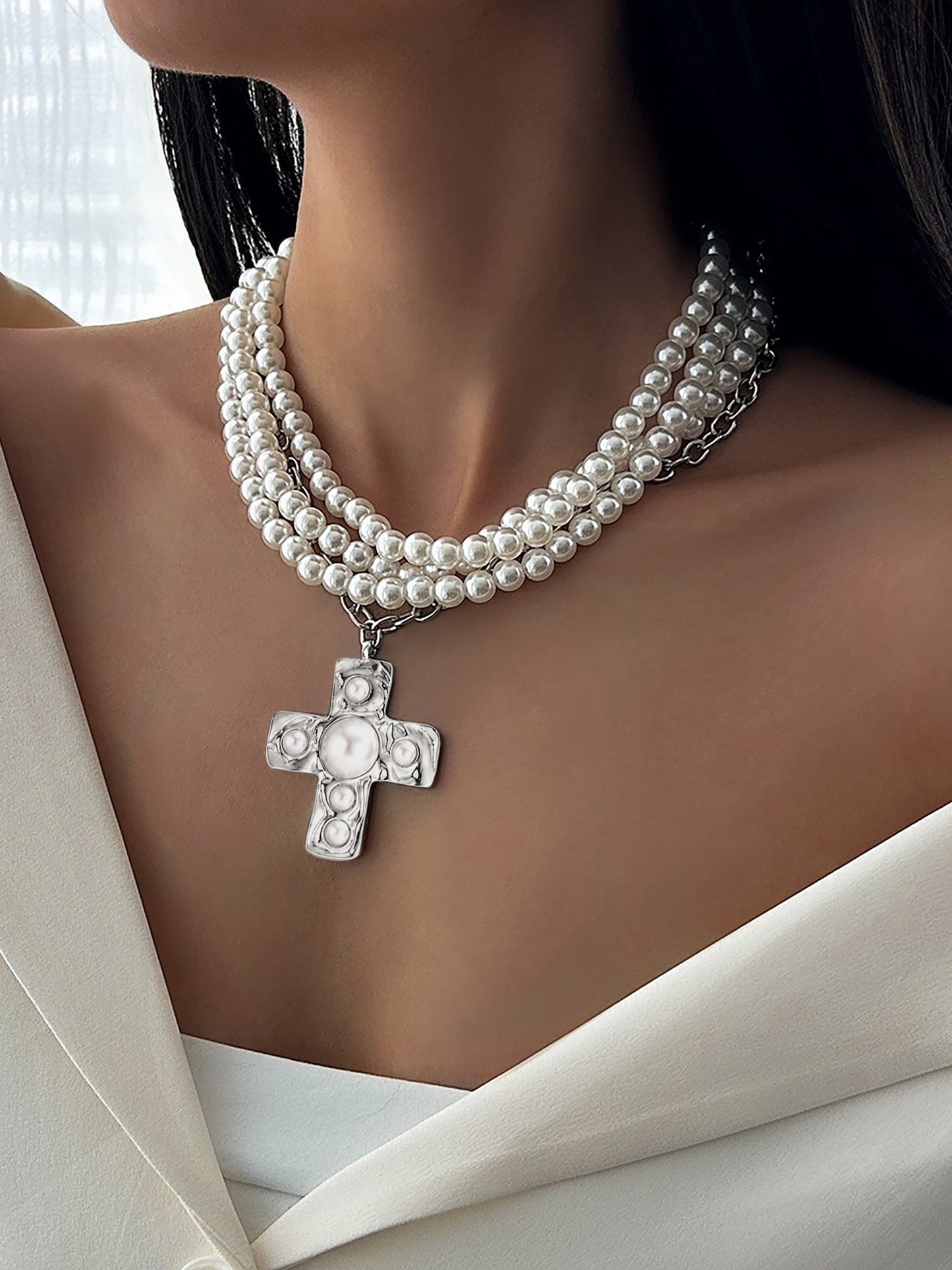 Halloween Multi Layer Faux Pearl Cross Pendant Necklace