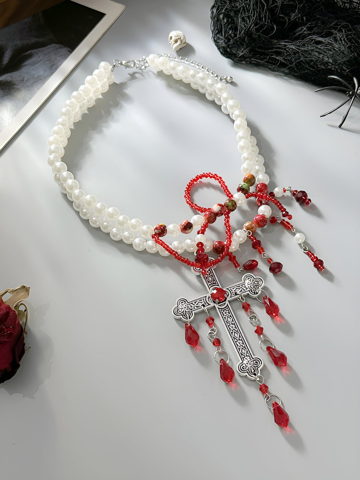Gothic Red Beaded Faux Pearl Cross Pendant Necklace