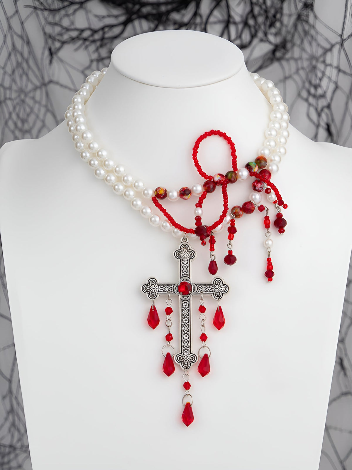 Gothic Red Beaded Faux Pearl Cross Pendant Necklace